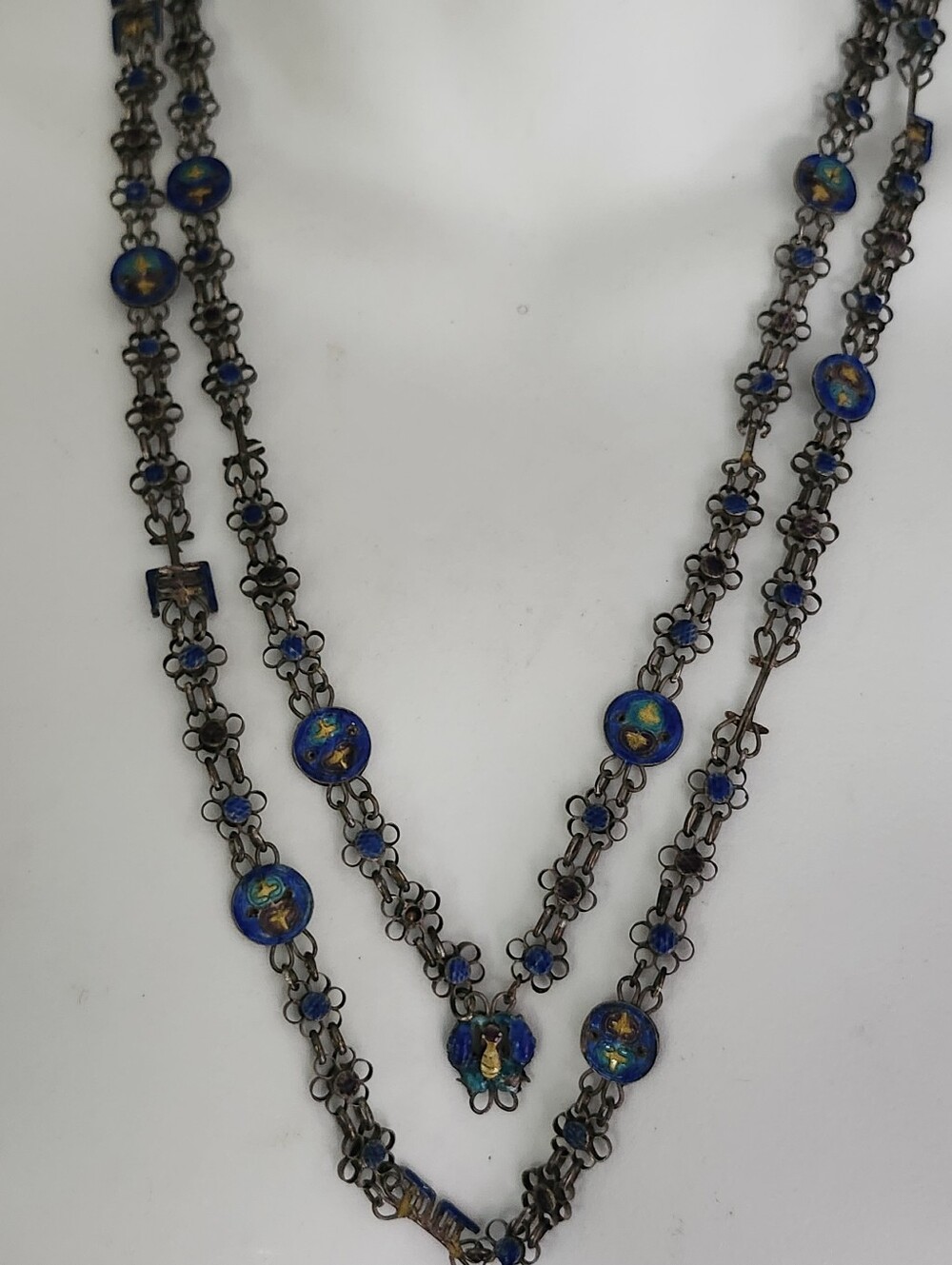 Filigree Chain Link Blue Enamel Floral Double-Strand Necklace - Vintage